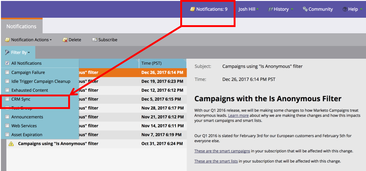 Use Notifications View in CRM Errors