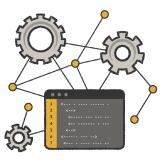 Code editor with gears behind illustration