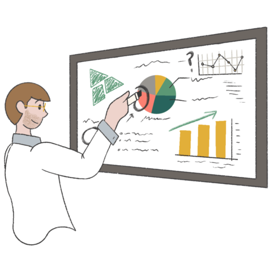 Illustration of man looking at board with charts and graphs