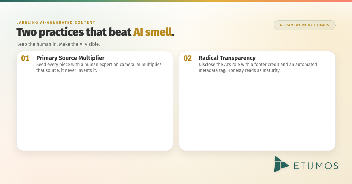 Two best practices for labeling AI-generated content: primary source multiplier and radical transparency